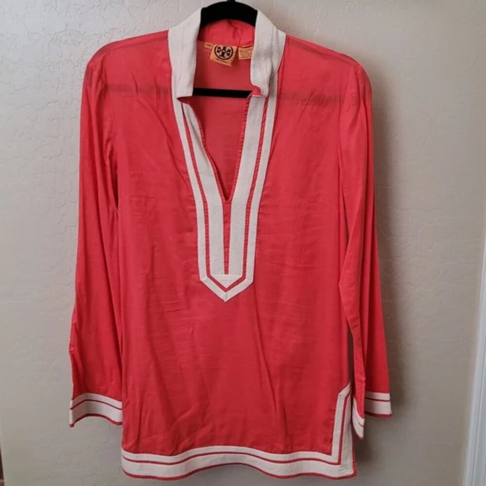 Tory Burch 100% Cotton Classic Tory Tunic Bright Coral